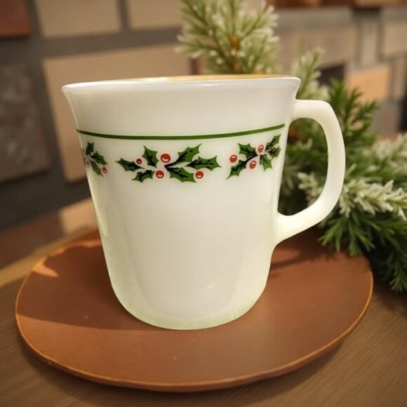 2 Vintage Corning Holly Berry Milk Glass Mugs — Christmas Holly Pattern - Picture 7 of 7